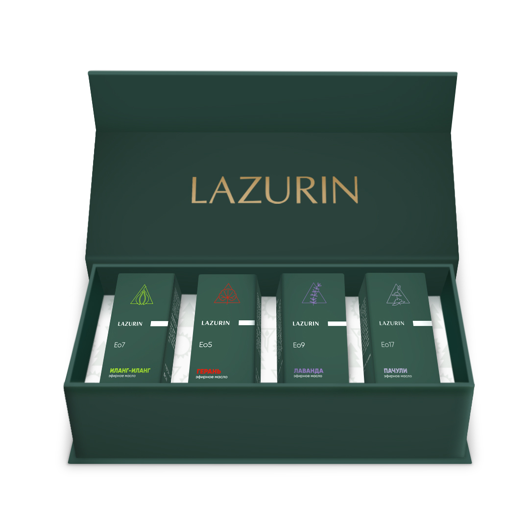 Набор эфирных масел LAZURIN. Иланг-Иланг, Герань, Лаванда, Пачули.