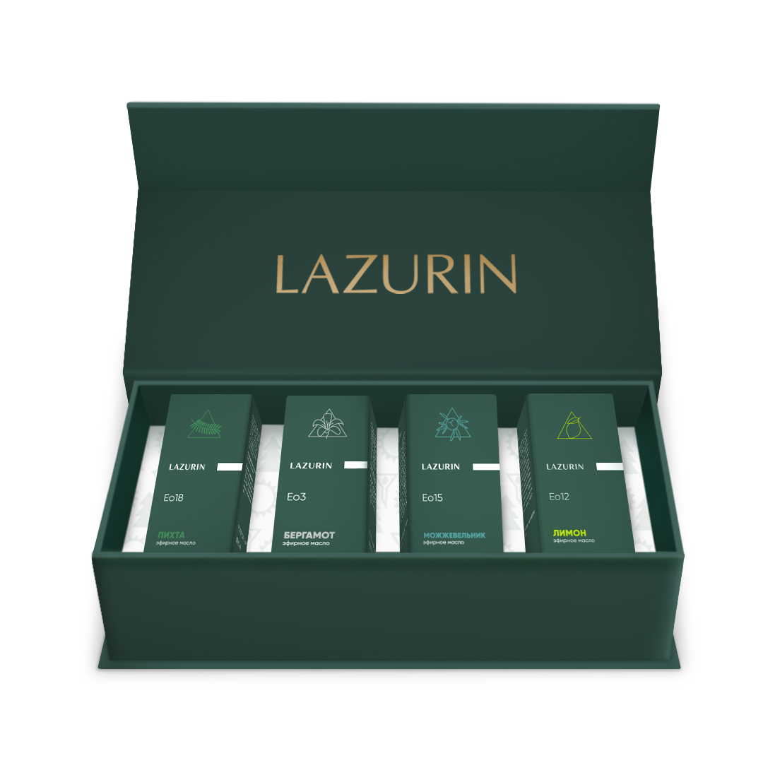 Набор эфирных масел LAZURIN. Пихта, Бергамот, Можжевельник, Лимон.